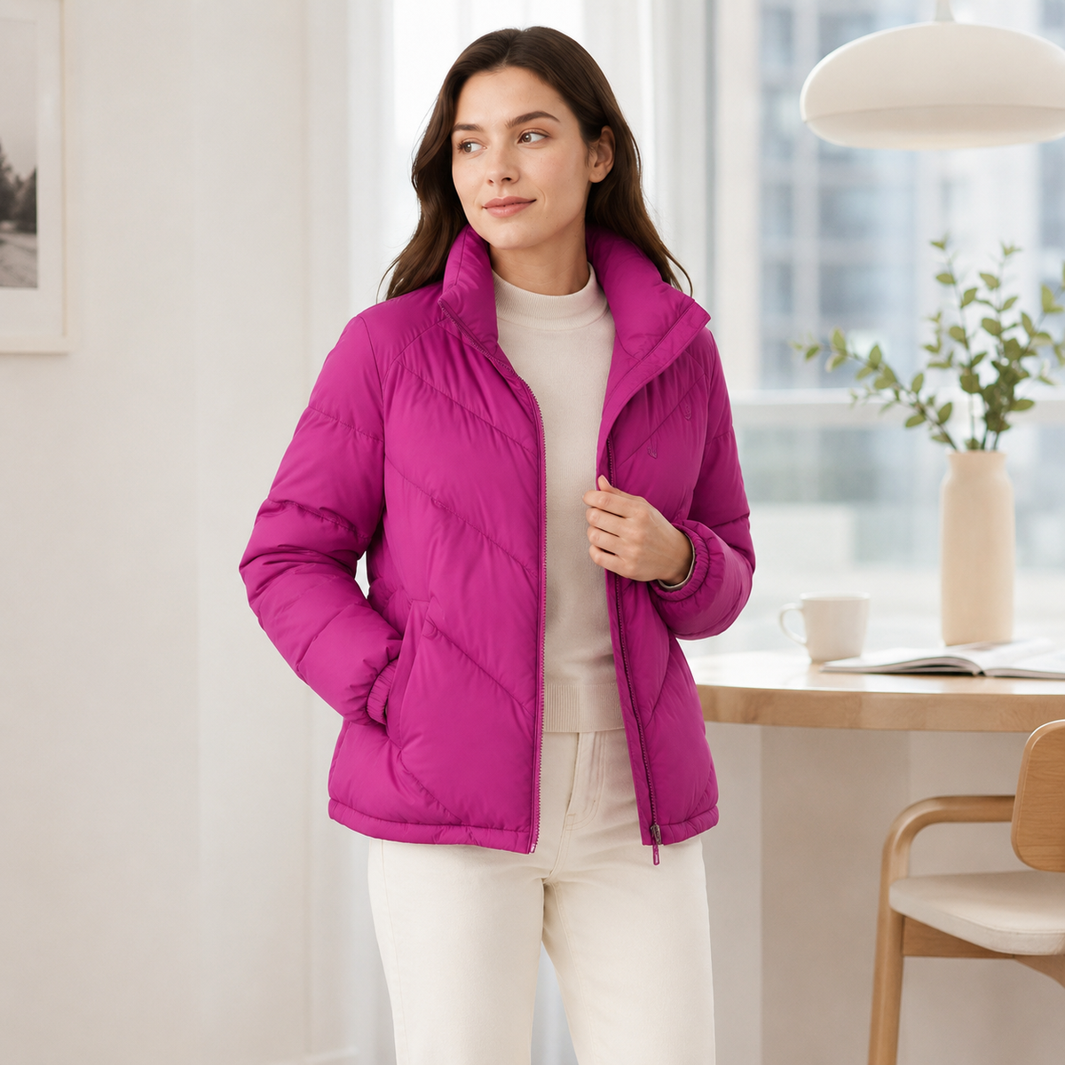 Women's magenta chevron quilted puffer jacket wholesale – image 5