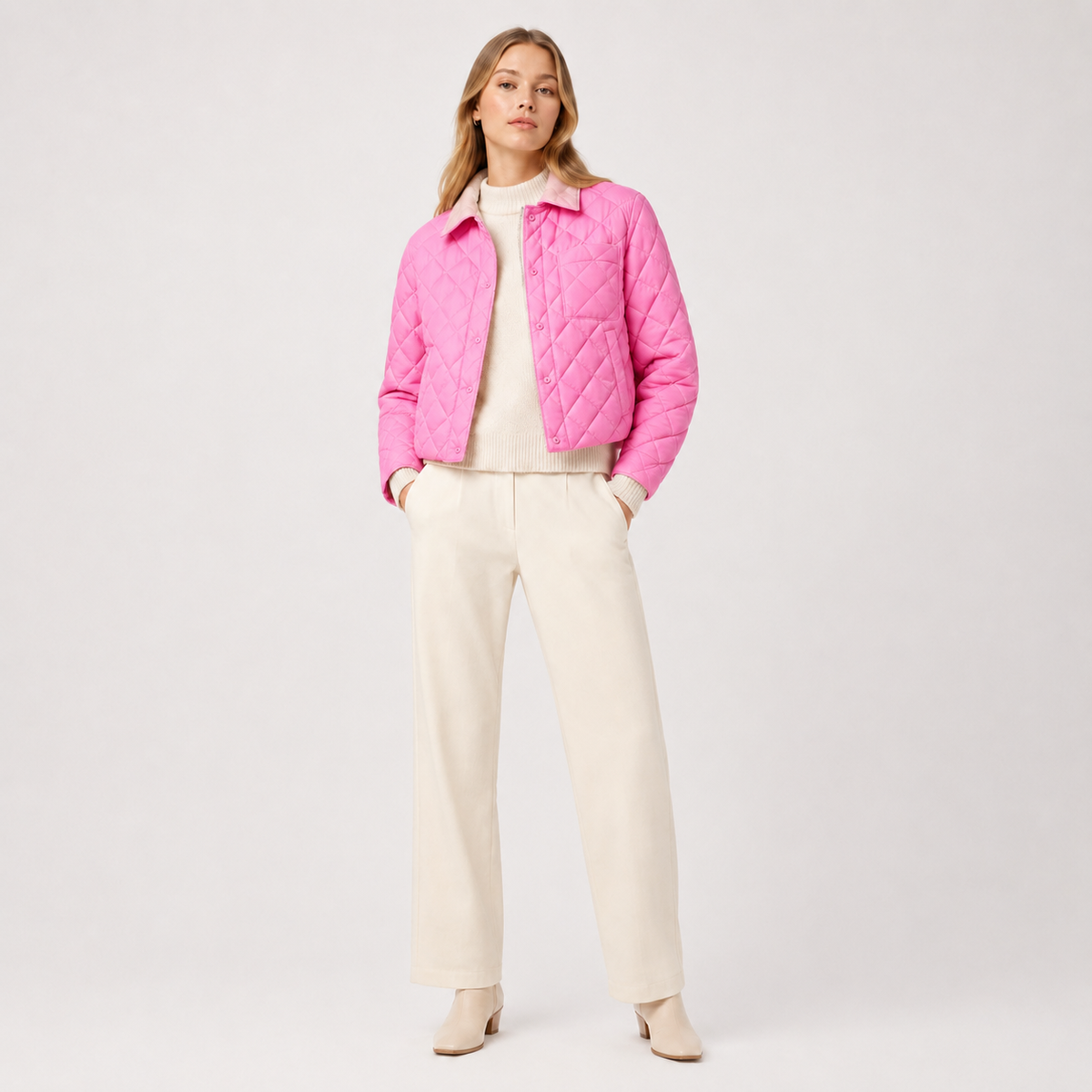 Model wearing a pink women's collarless quilted jacket in a clean full-body studio view