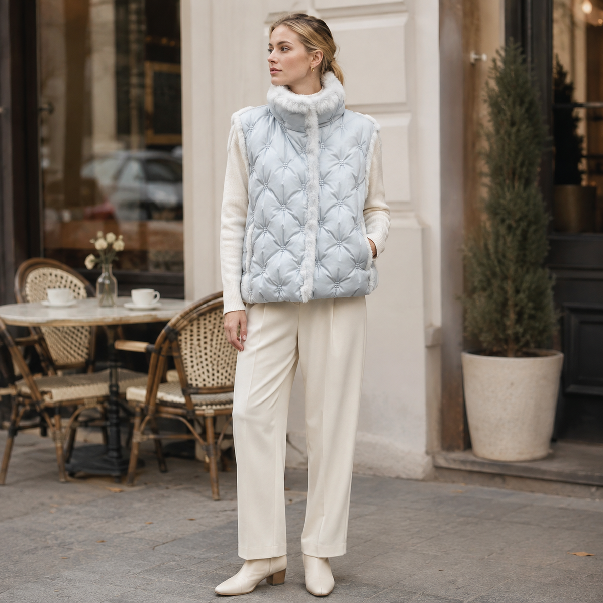 Woman wearing a ivory women's hooded quilted puffer vest in a outdoor café lifestyle scene