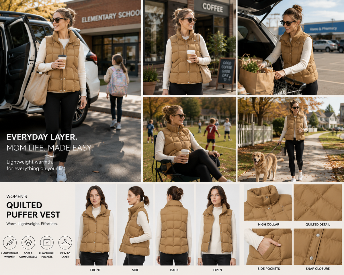 Women's Camel Puffer Vest | Wholesale & Private Label