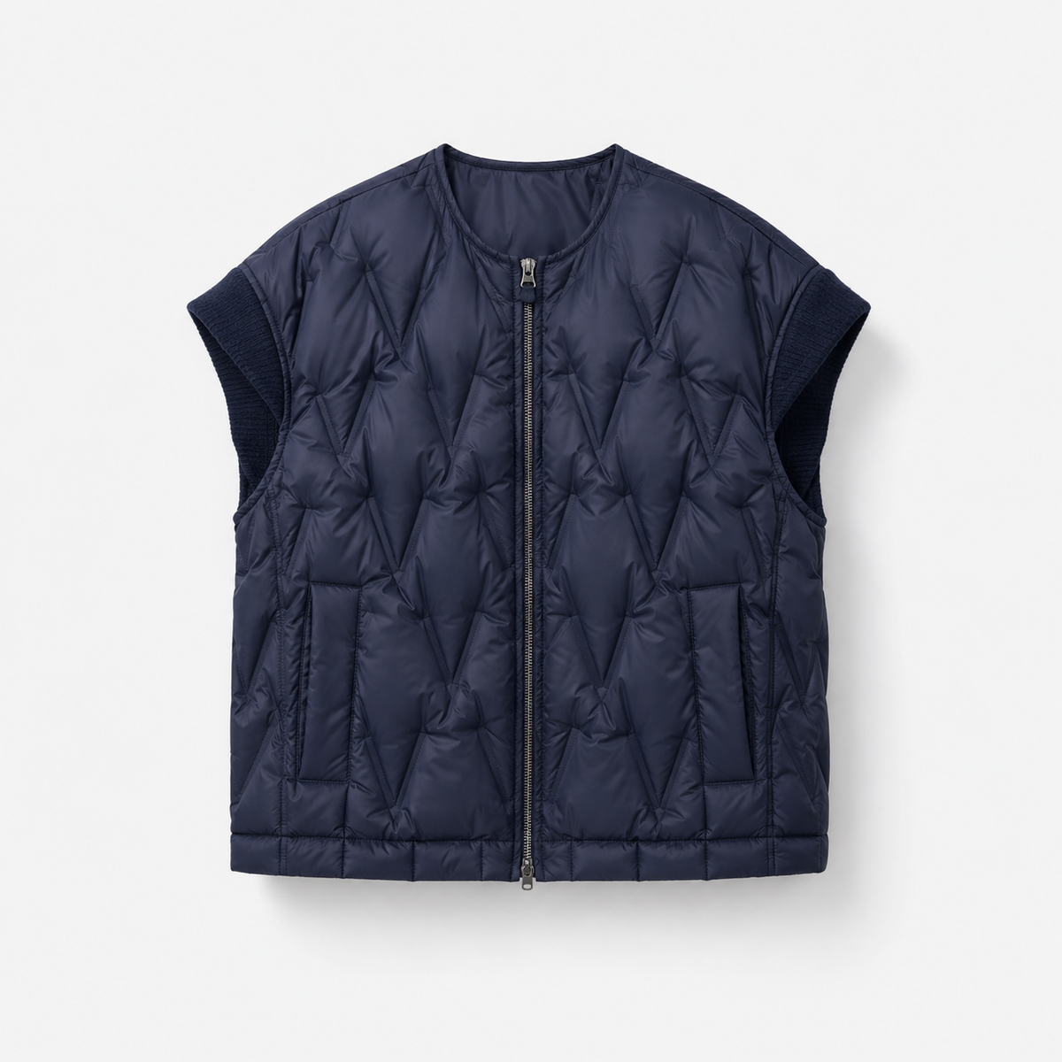 Navy women's layered quilted vest jacket shown in a product-only front view on white background