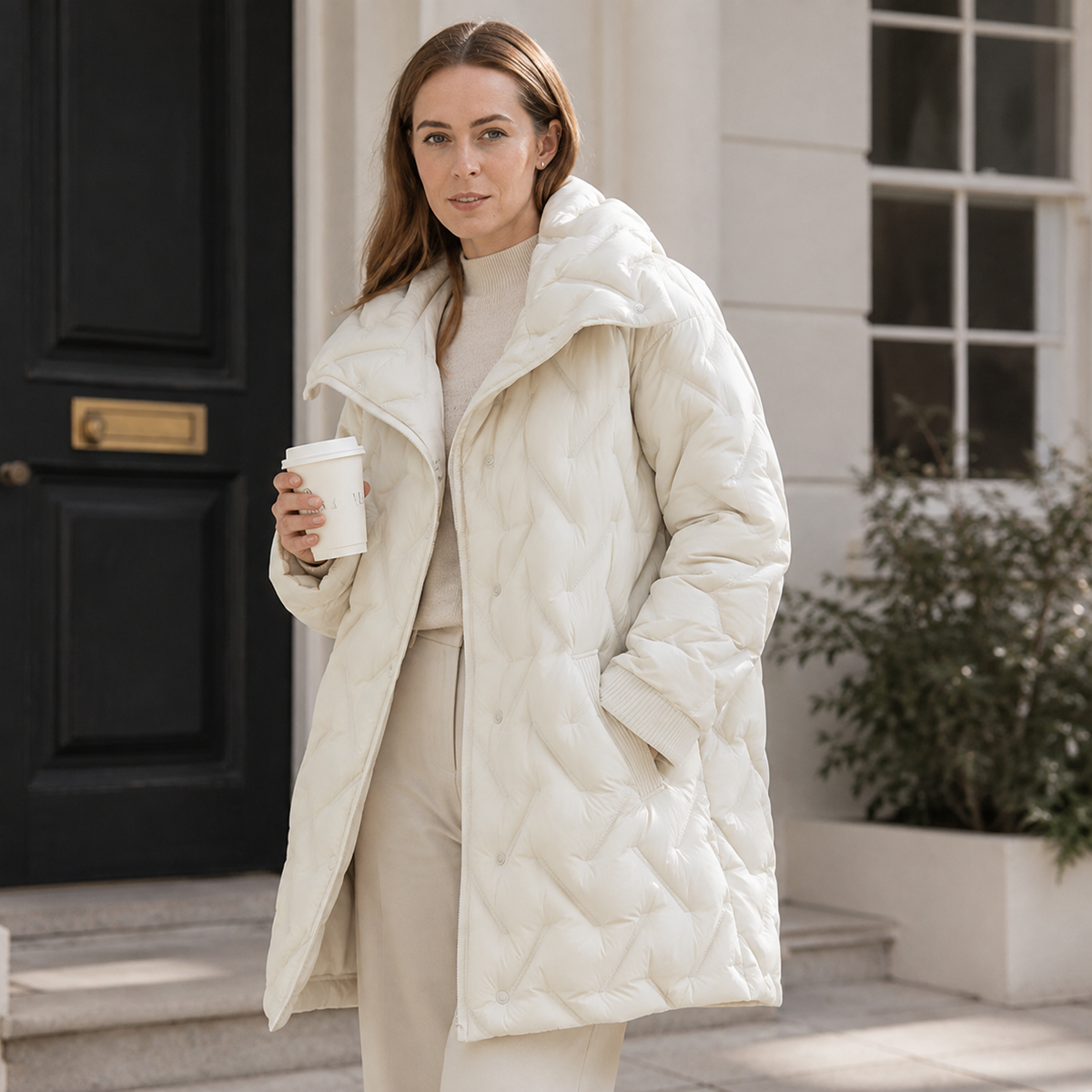 Women's Camel Diamond-Quilted Mid-Length Puffer Jacket – Wholesale