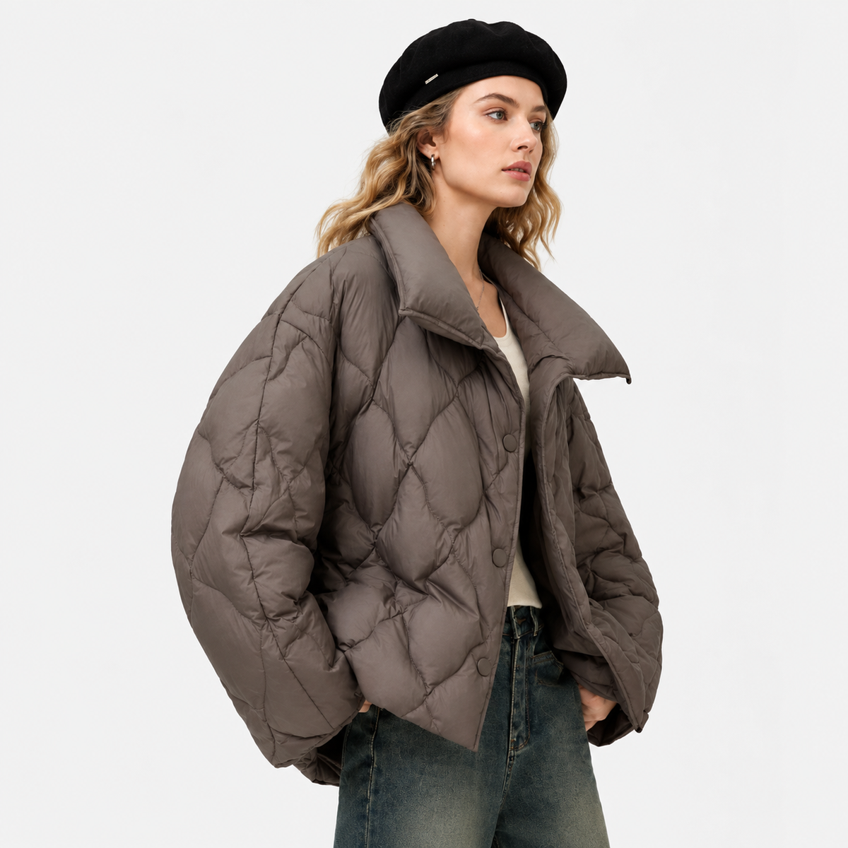 Women's neutral color mid-length puffer jacket wholesale, white black and brown